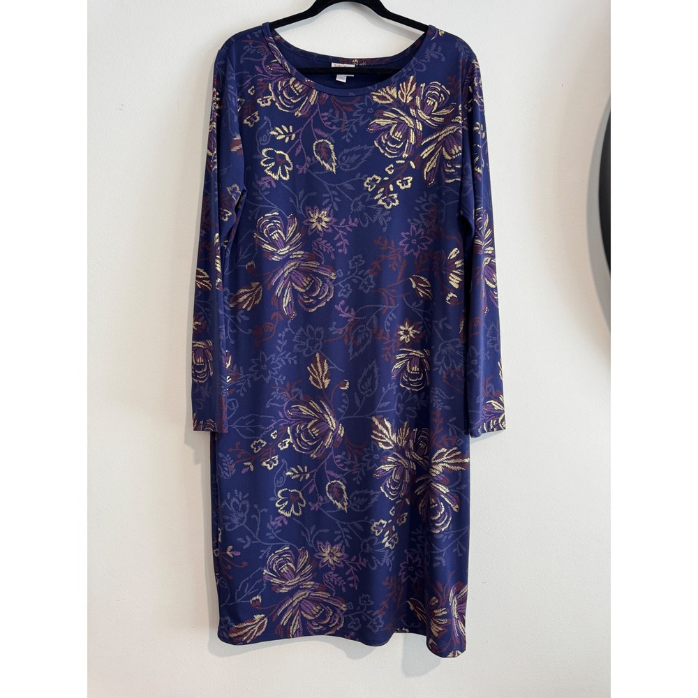 LuLaRoe Julia Dress Womens 2XL Navy Blue Gold Purple Floral Long Sleeve Sheath